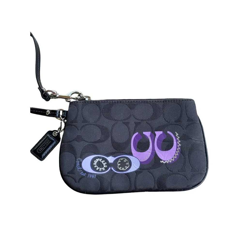 Coach Signature C Optic Jacquard Wristlet Black Canvas Purple Graphic Logo